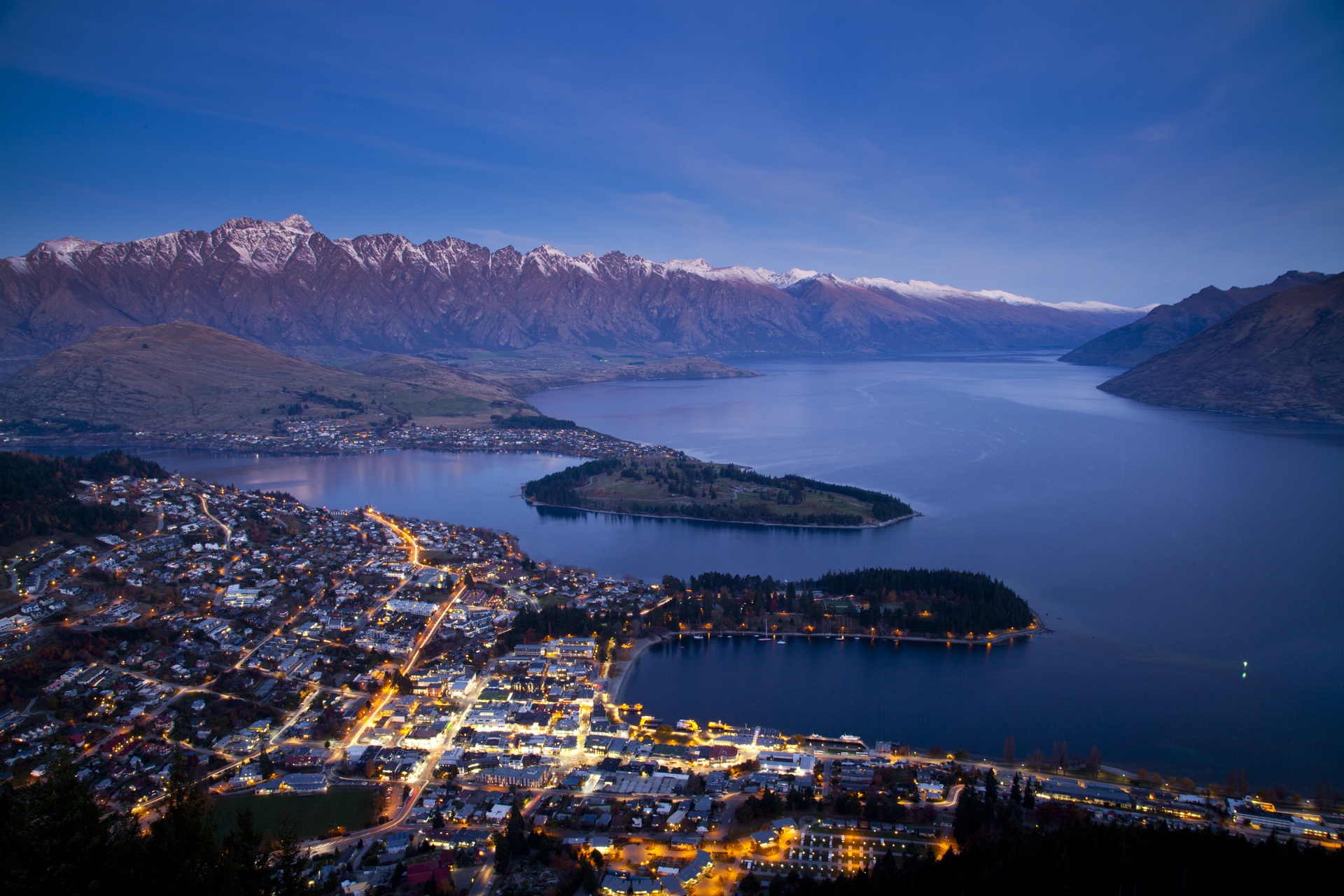 Aerial views of Queenstown at dusk spring